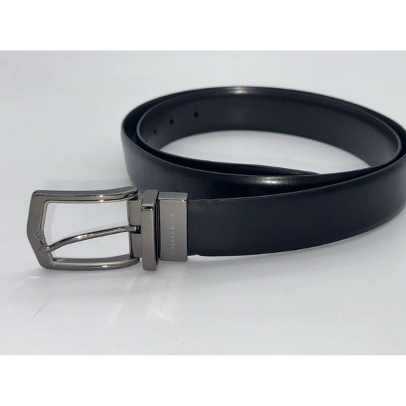 Perry Ellis Silver Buckle Black Leather Dress Suit Belt Men's Size 42 105 Large - Picture 1 of 5